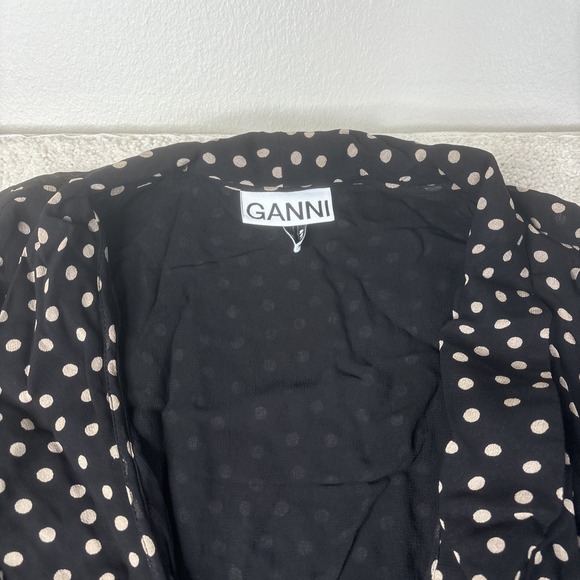 Ganni Georgette Wrap Maxi Dress Women's Size 38 Black White Polka Dot 3/4 Sleeve - Picture 4 of 16